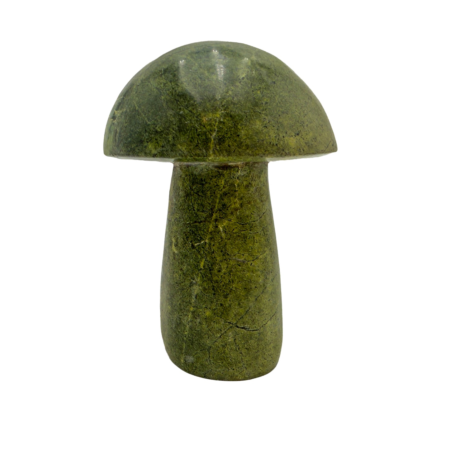 Left profile of Zimbabwean serpentine mushroom no. 5, squat 5.80 inch form on a thick stem.
