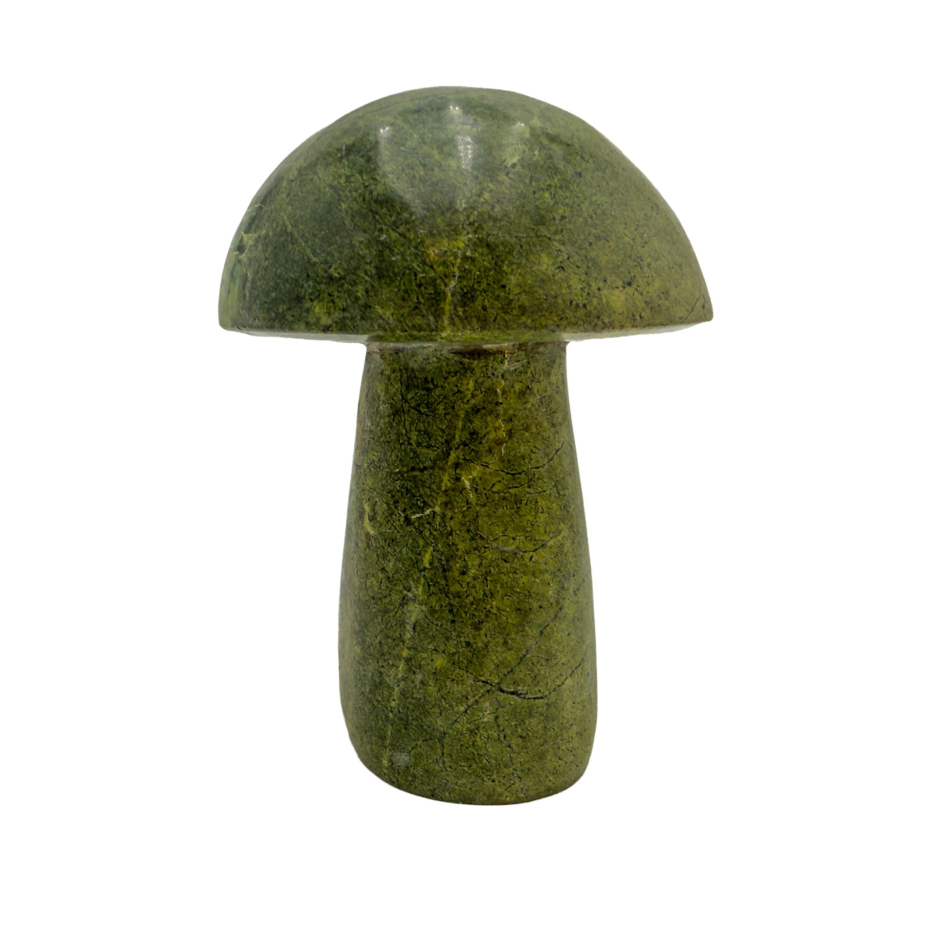 Left profile of Zimbabwean serpentine mushroom no. 5, squat 5.80 inch form on a thick stem.