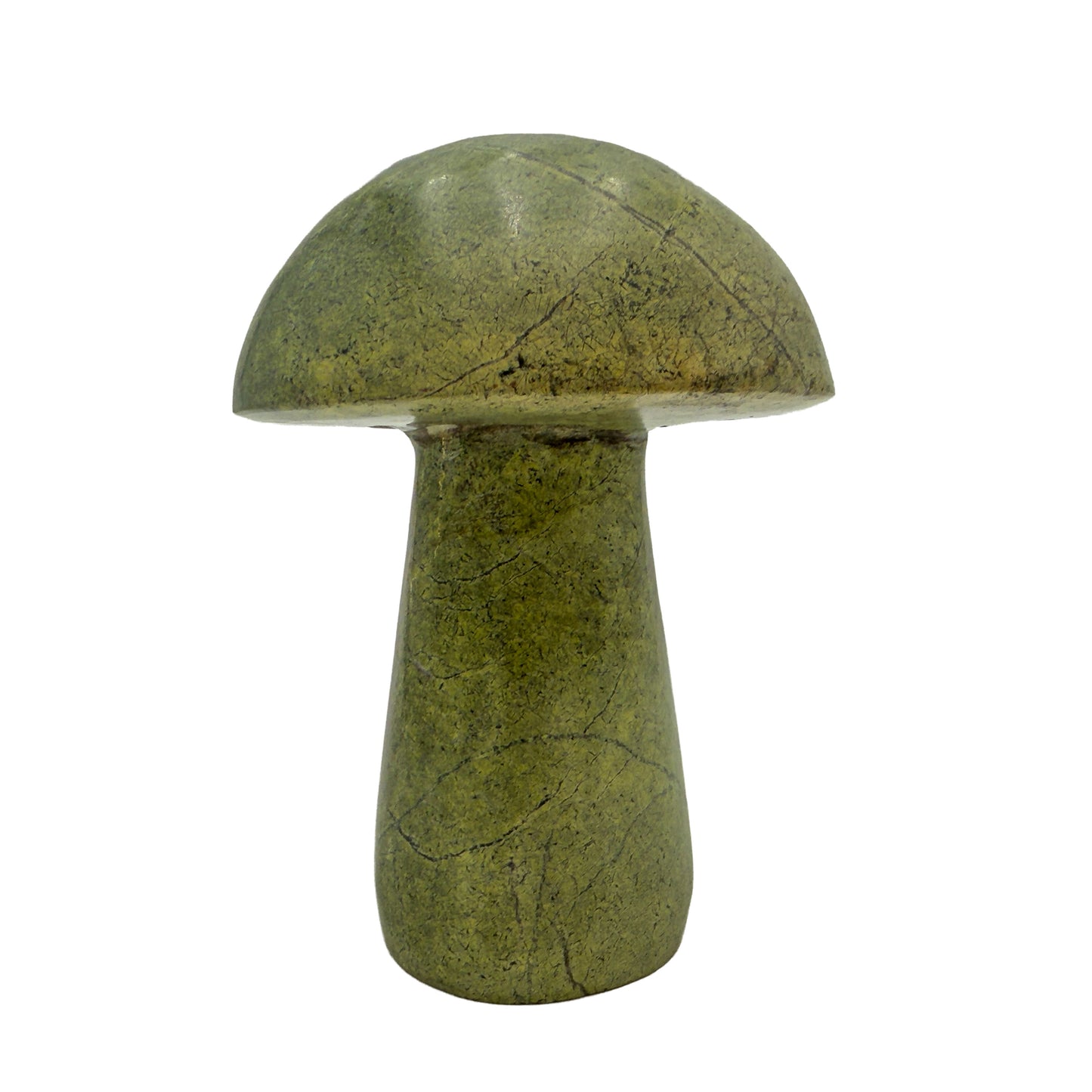 Right profile of a hand-carved serpentine mushroom, pale sage through deeper olive with dark inclusions.