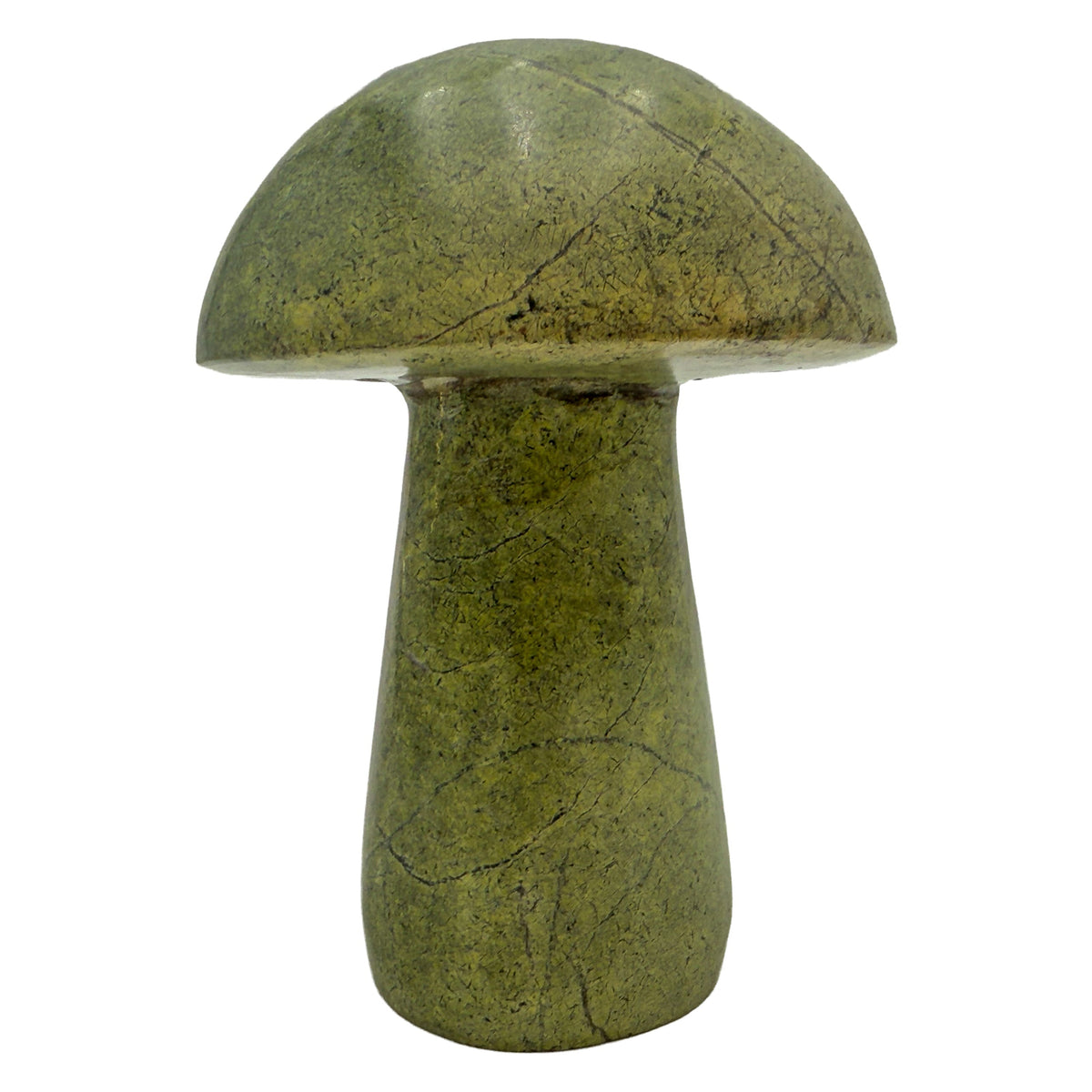 Right profile of a hand-carved serpentine mushroom, pale sage through deeper olive with dark inclusions.