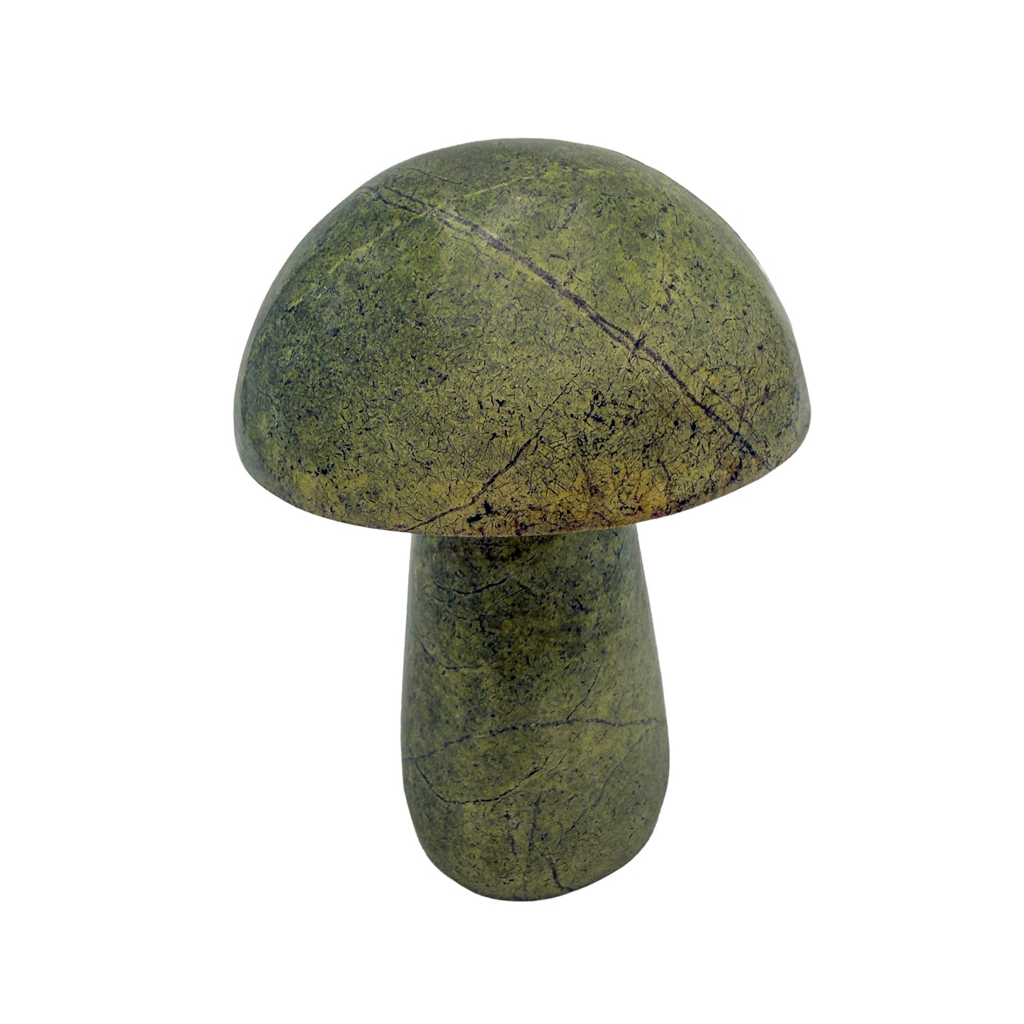 Reverse side of serpentine crystal mushroom no. 5, mottled green stone polished by hand.