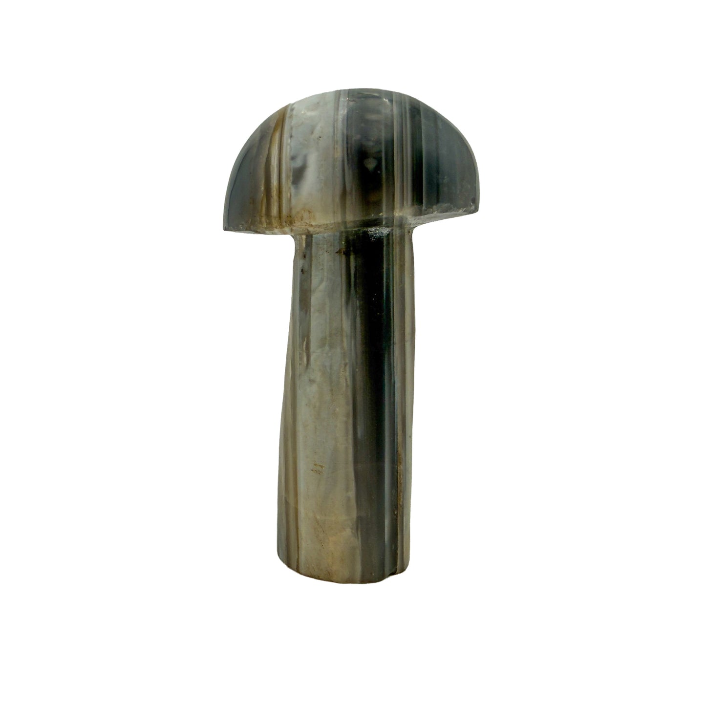 Small agate crystal mushroom hand-carved in Zimbabwe, front view, crisp grey and cream banding, 4.48 inches tall.