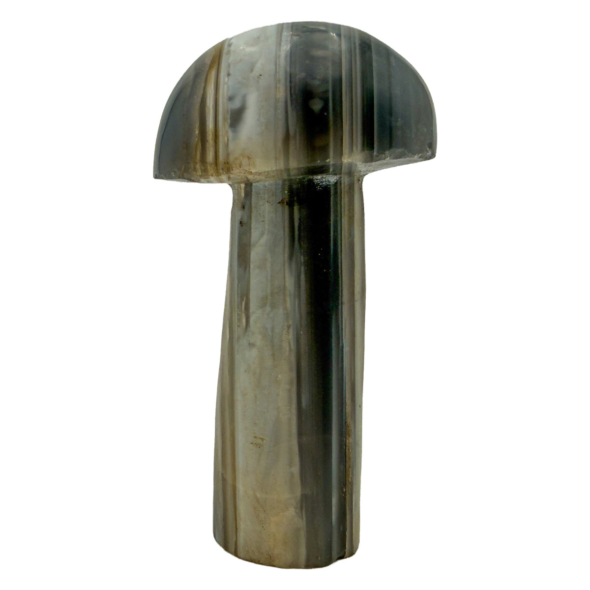 Small agate crystal mushroom hand-carved in Zimbabwe, front view, crisp gray and cream banding, 4.48 inches tall.