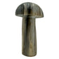 Right profile of a hand-carved agate mushroom, near-black bands alternating with pale cream.