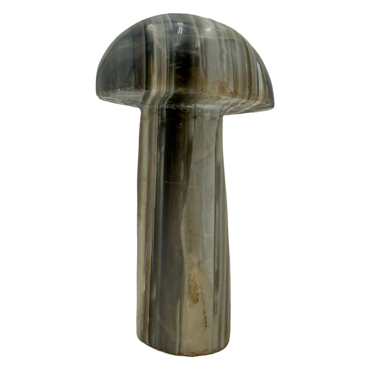 Right profile of a hand-carved agate mushroom, near-black bands alternating with pale cream.