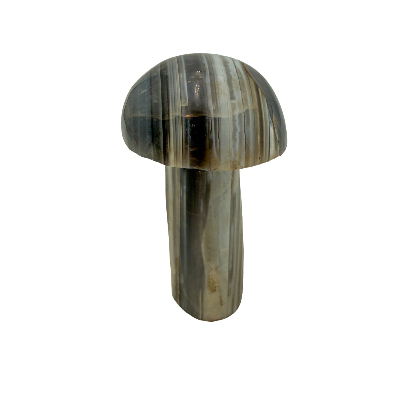 Reverse side of agate crystal mushroom no. 6, undyed chalcedony banding wrapping the carved form.