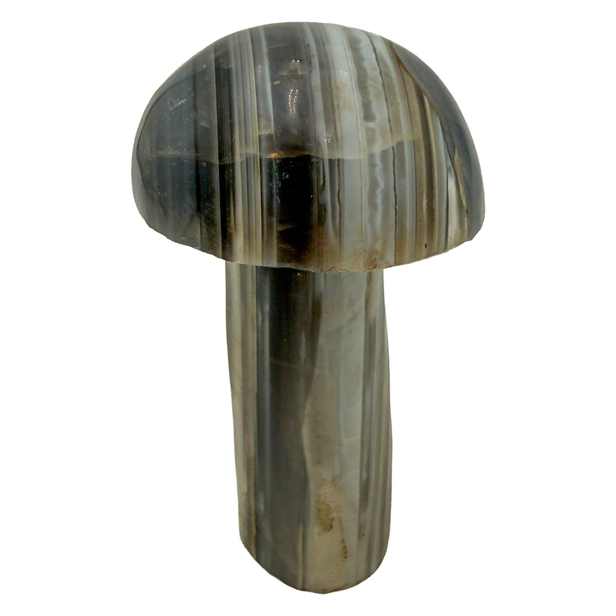 Reverse side of agate crystal mushroom no. 6, undyed chalcedony banding wrapping the carved form.