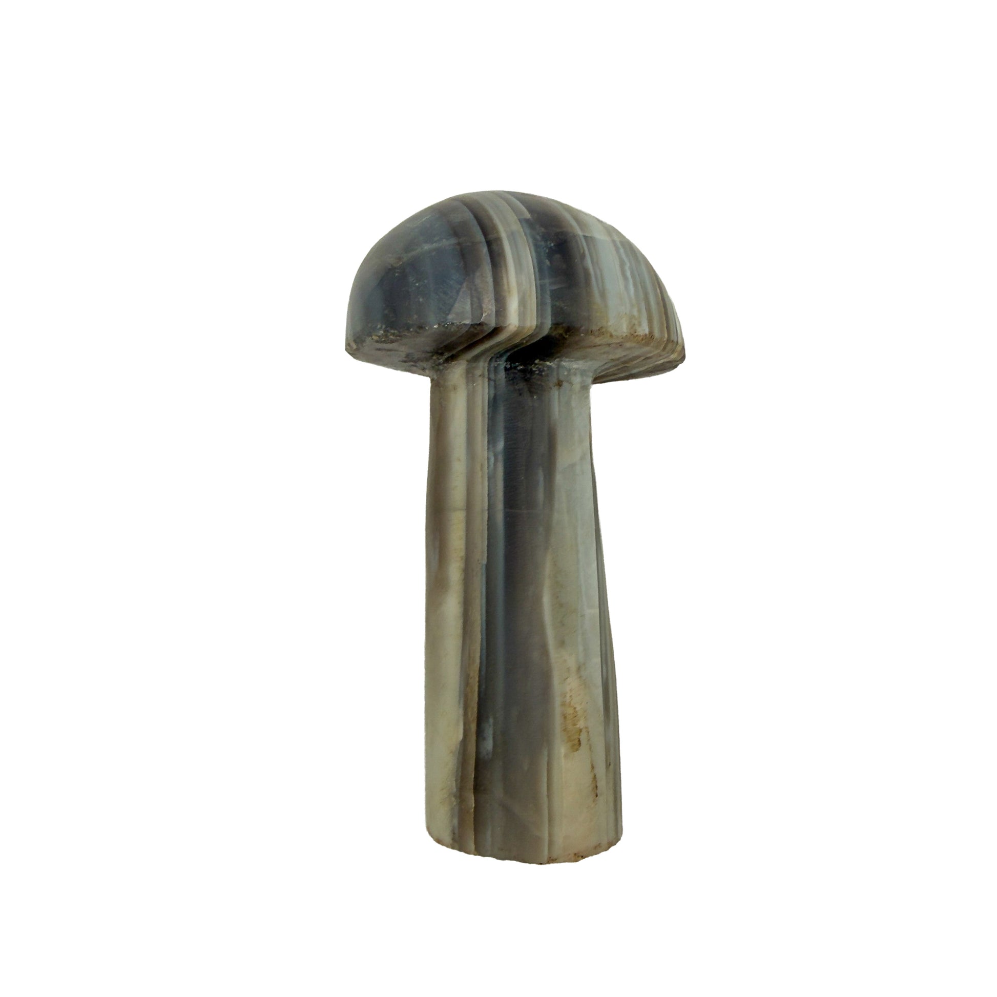 Top-down view of the small agate mushroom cap, layered grey and cream exposed by the carve.