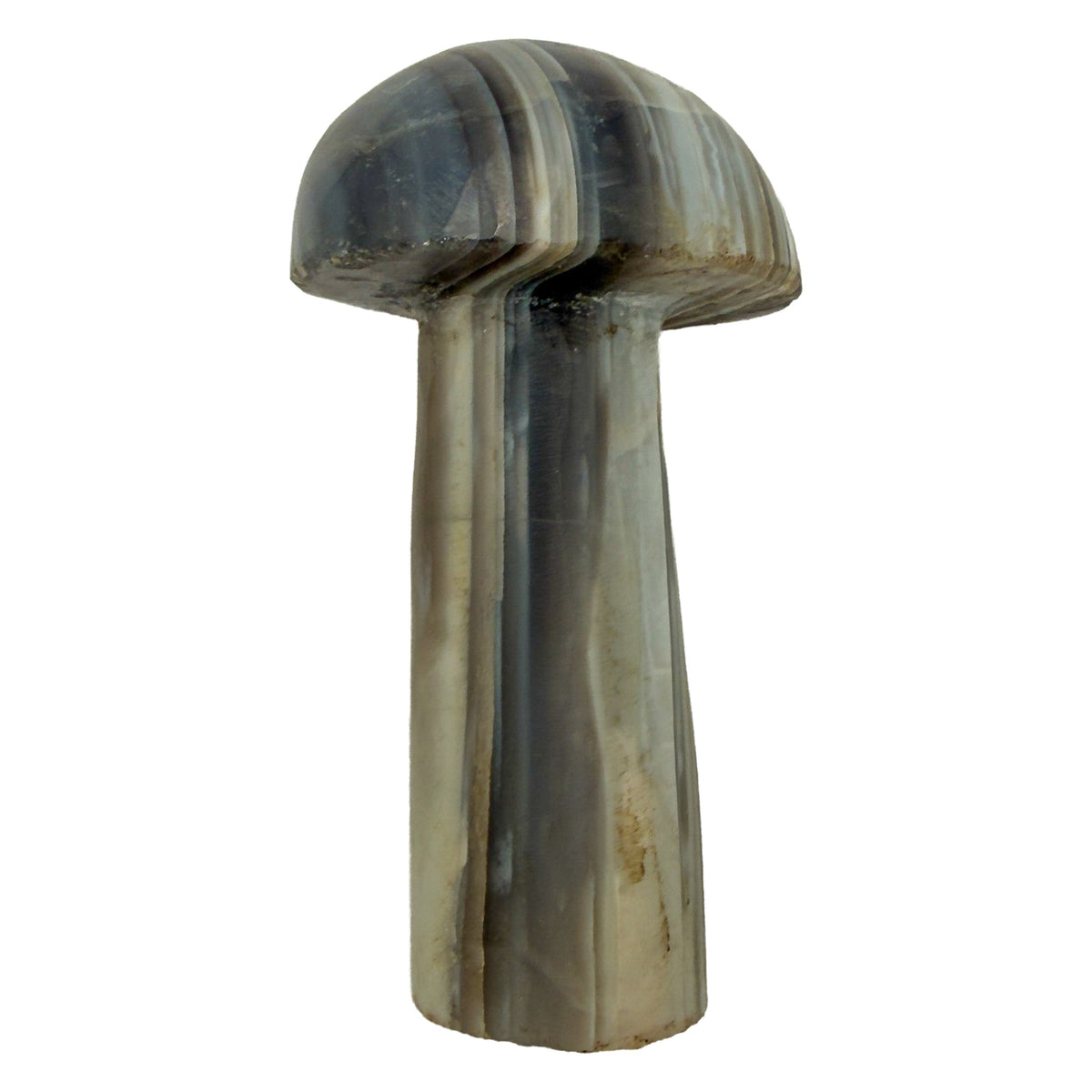 Top-down view of the small agate mushroom cap, layered gray and cream exposed by the carve.