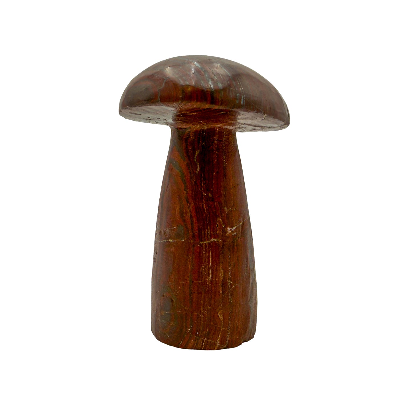 Tiger iron crystal mushroom carved in Zimbabwe from South African stone, front view, rust red and bronze cap, 6.03 inches tall.