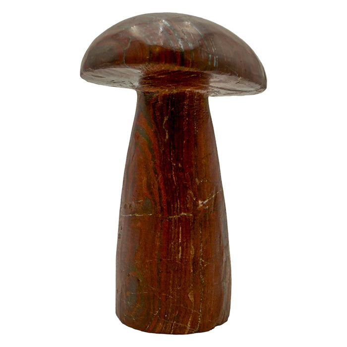 Tiger iron crystal mushroom carved in Zimbabwe from South African stone, front view, rust red and bronze cap, 6.03 inches tall.