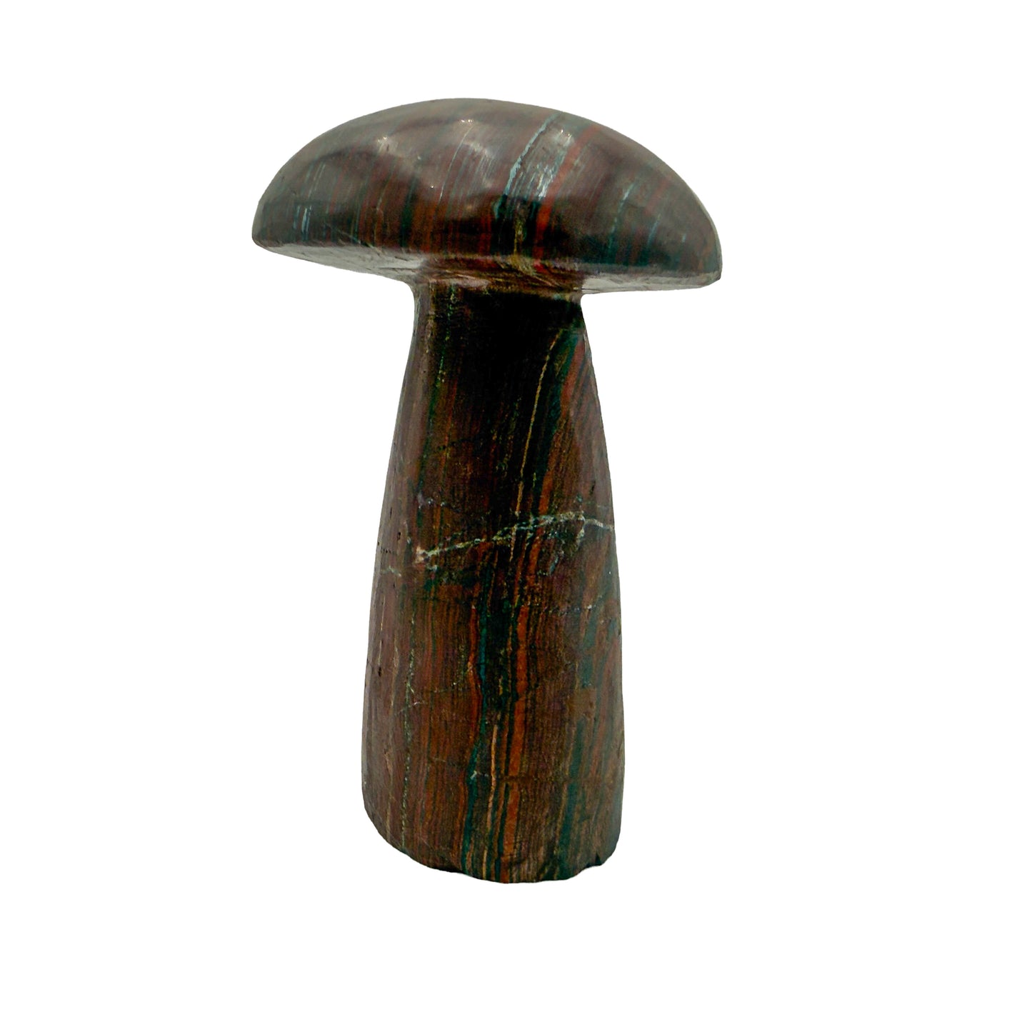 Angled view of a 2.69 pound tiger iron mushroom carving, broad 3.73 inch cap with folded banding.