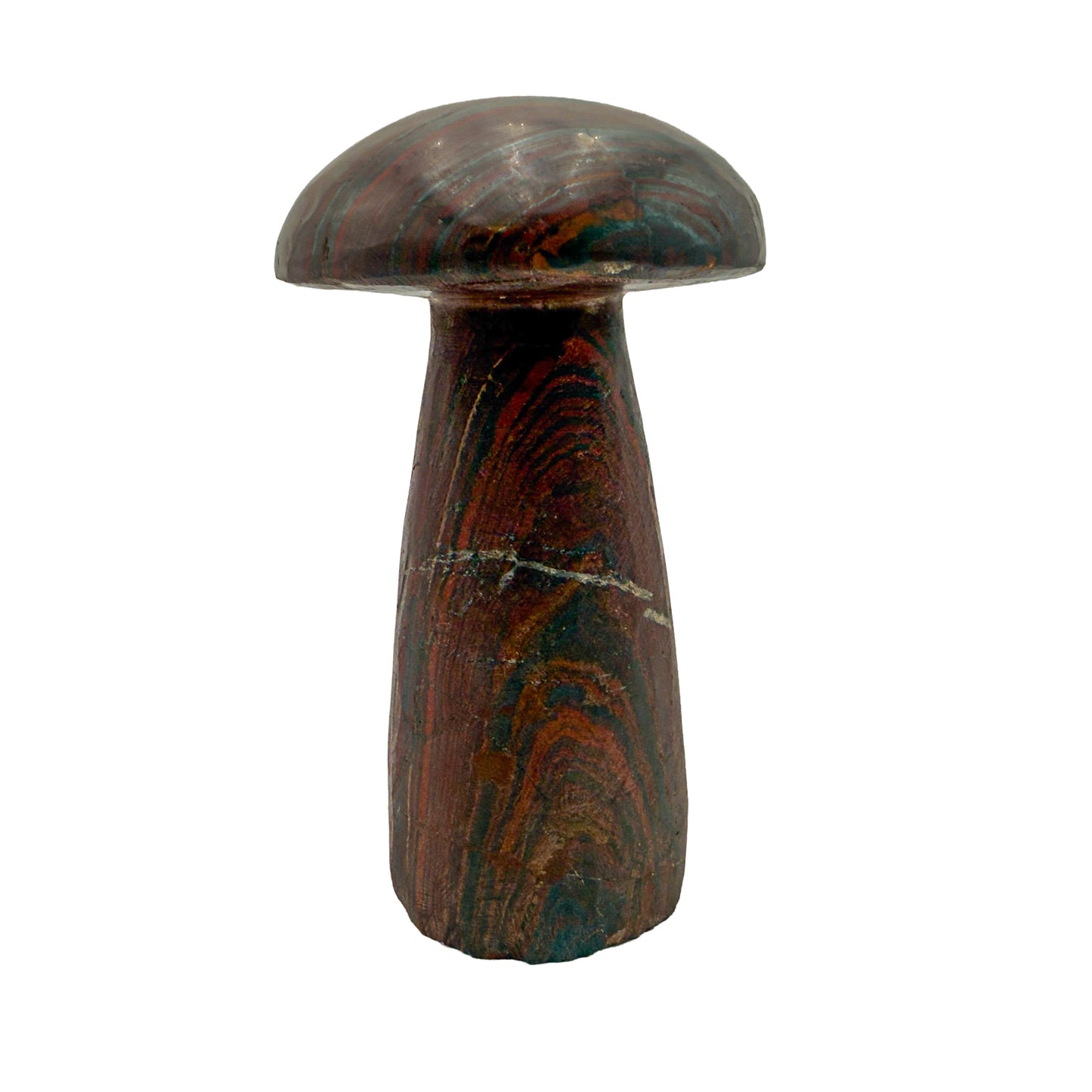 Left profile of tiger iron mushroom no. 7, metallic grey hematite bands running through warm red jasper.