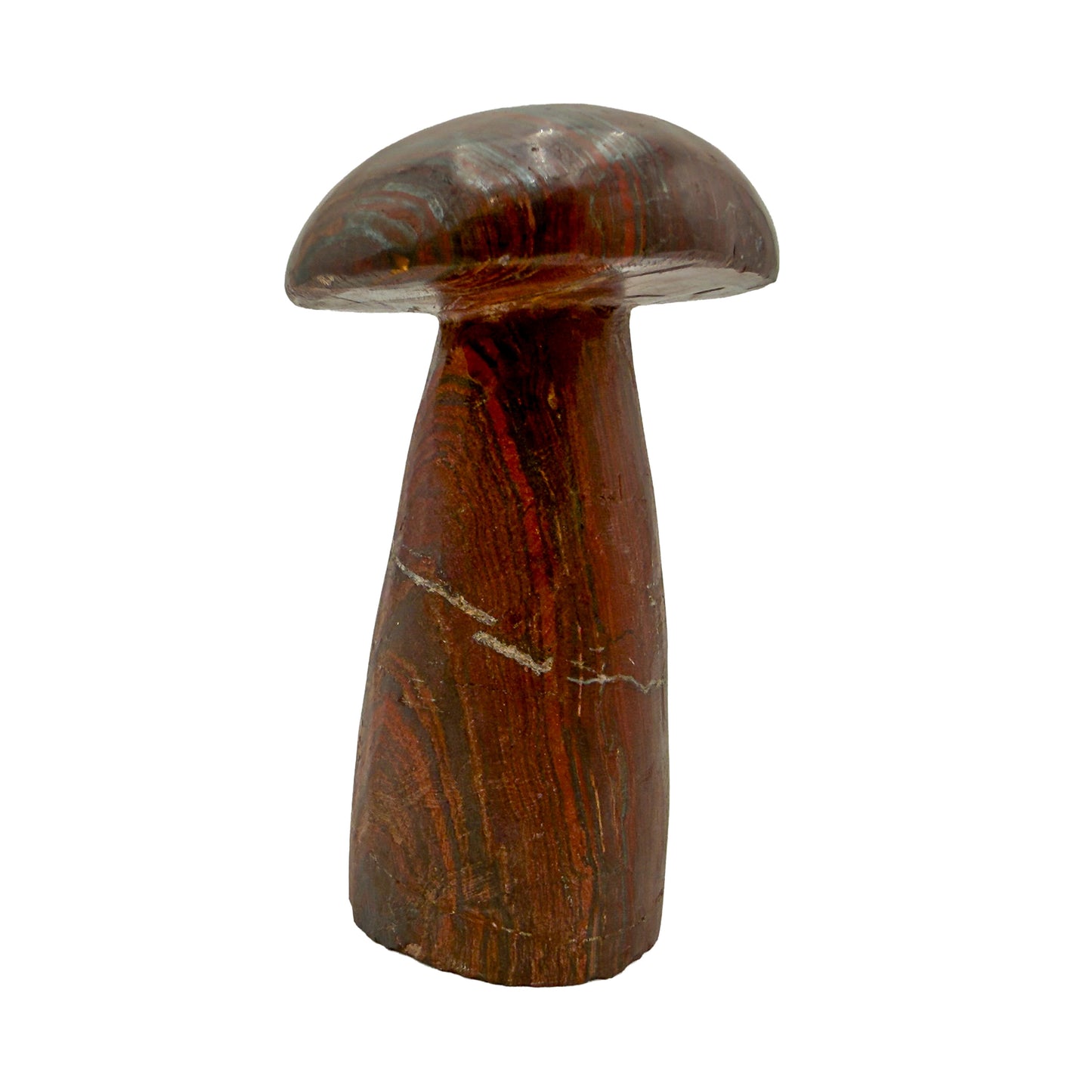 Right profile of a hand-carved tiger iron mushroom, golden tiger's eye fibres catching the light.