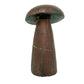 Top-down view of the broad tiger iron mushroom cap, curved bands of red, gold and grey across the dome.