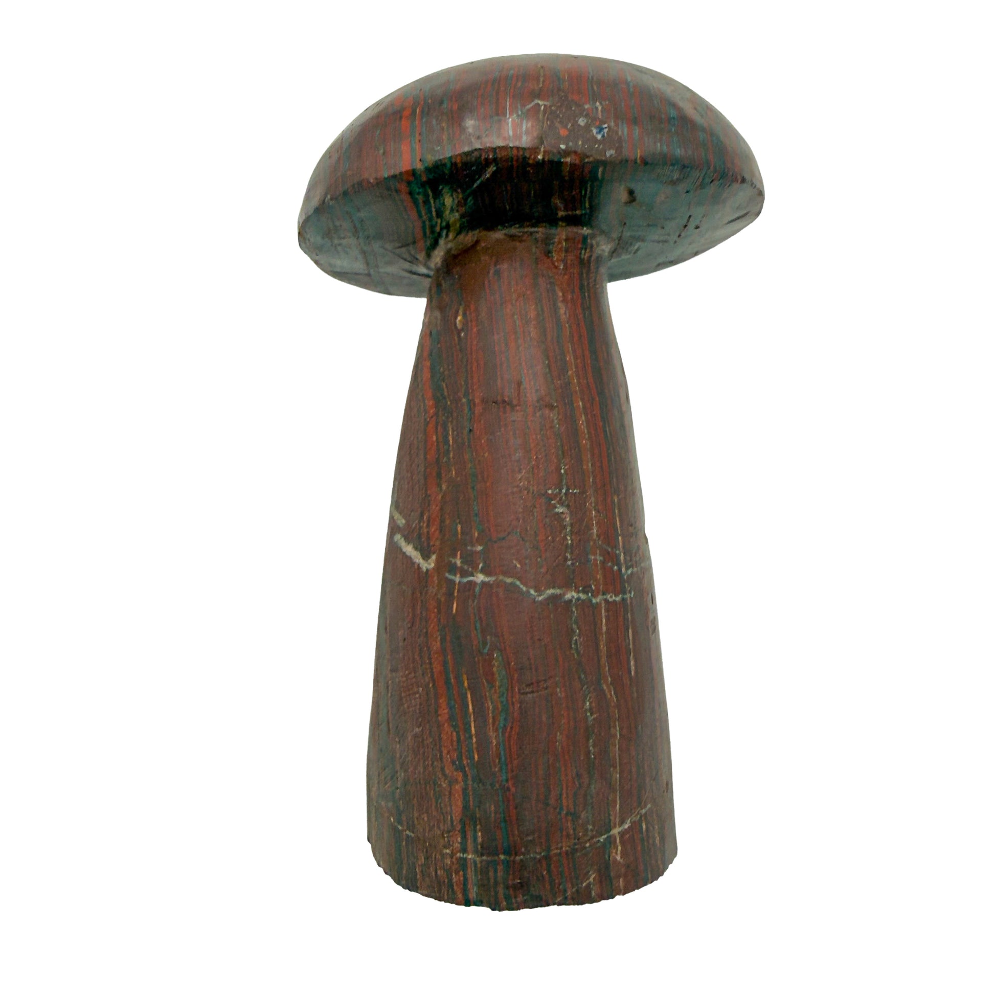 Top-down view of the broad tiger iron mushroom cap, curved bands of red, gold and grey across the dome.