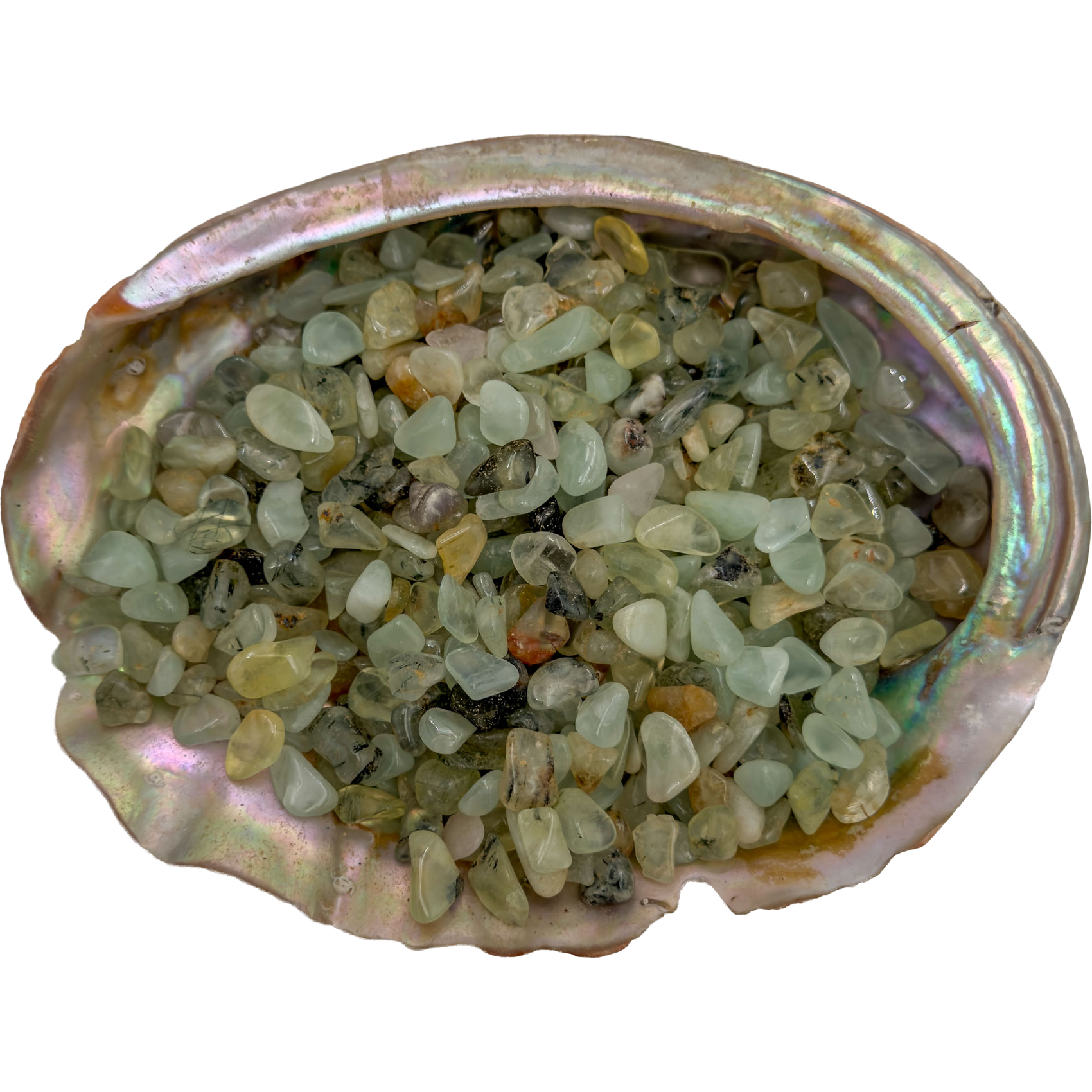 Prehnite crystal chips bulk lot, Namibia, showing translucent green color