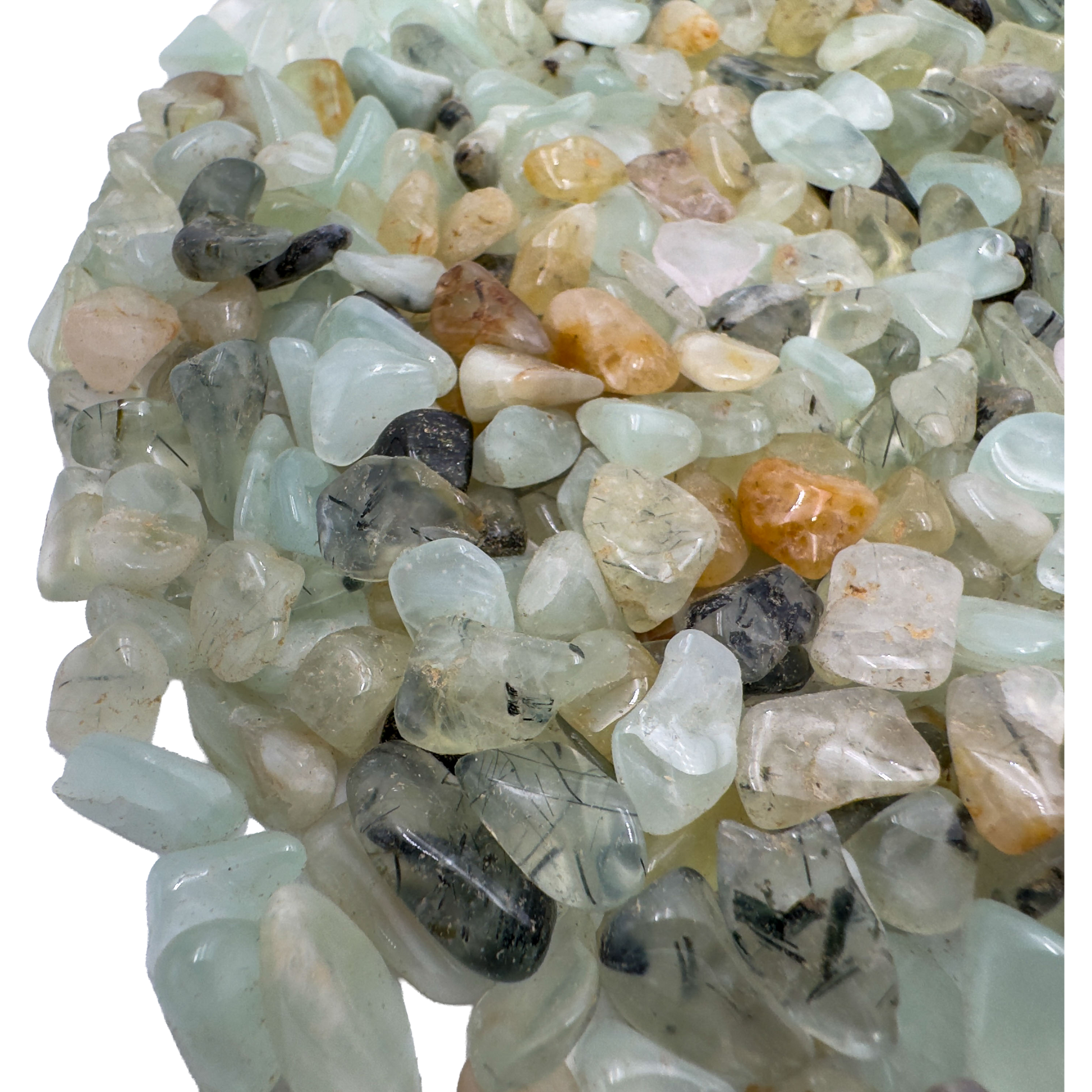 Prehnite crystal chips product shot, Grade A Namibia material showing quantity and color