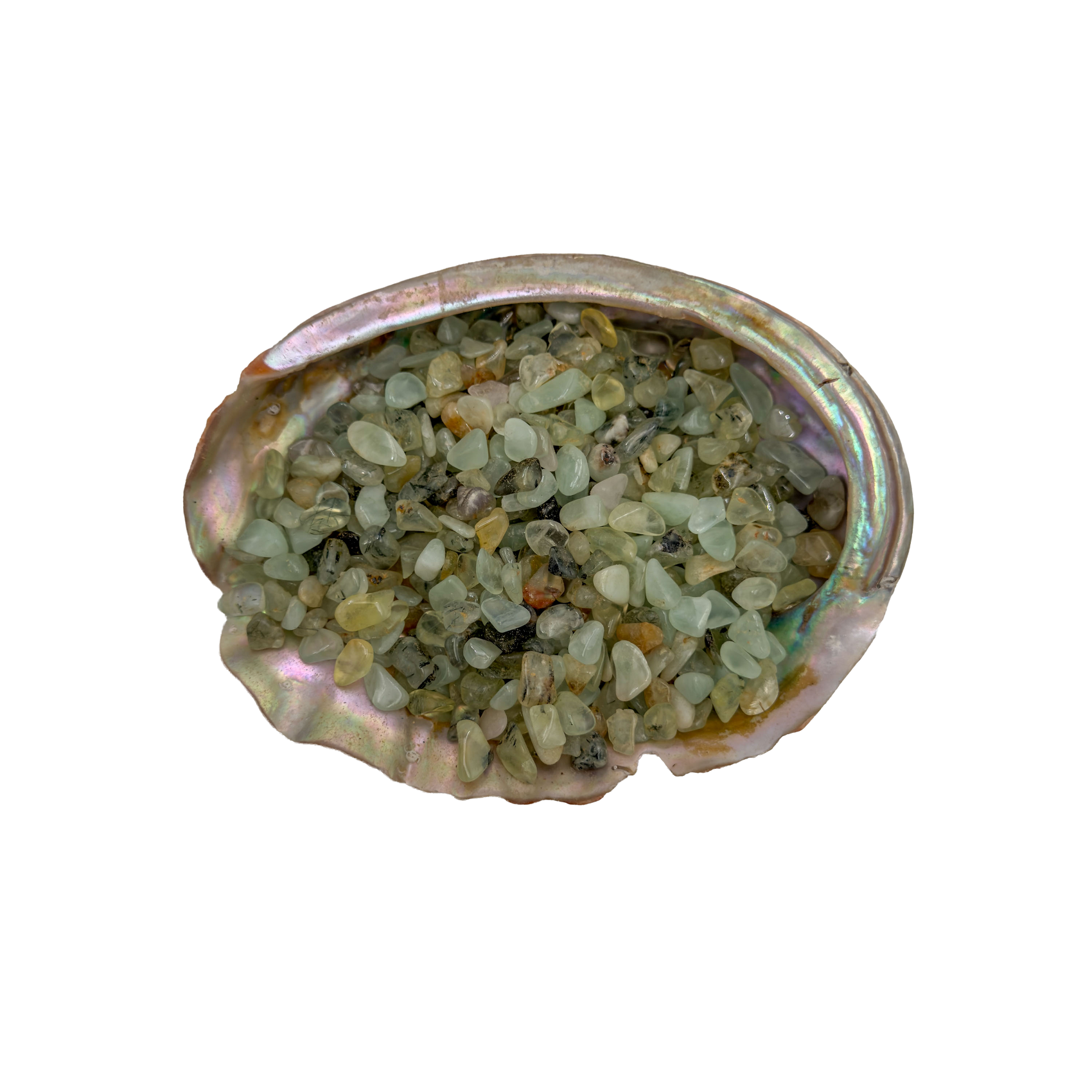 Grade A prehnite crystal chips in a bowl, sourced from Namibia