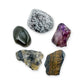 The Protection Kit: black tourmaline in quartz, black tourmaline, snowflake obsidian, smoky amethyst point and tiger eye, shown together on white