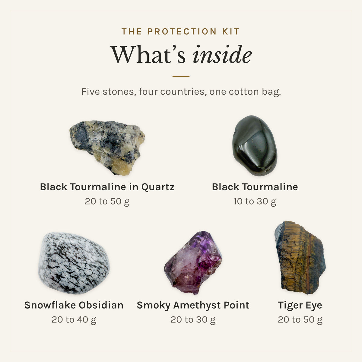 What's inside The Protection Kit: black tourmaline in quartz 20 to 50 g, black tourmaline 10 to 30 g, snowflake obsidian 20 to 40 g, smoky amethyst point 20 to 30 g, tiger eye 20 to 50 g, drawn in true proportion to each other