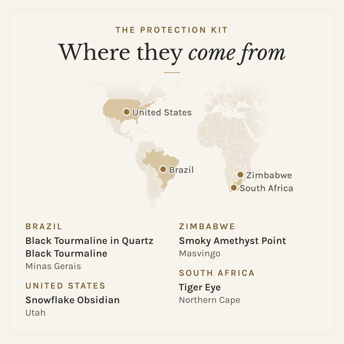 Map of where the stones in The Protection Kit come from: Brazil (black tourmaline in quartz and black tourmaline), United States (snowflake obsidian), Zimbabwe (smoky amethyst point) and South Africa (tiger eye)