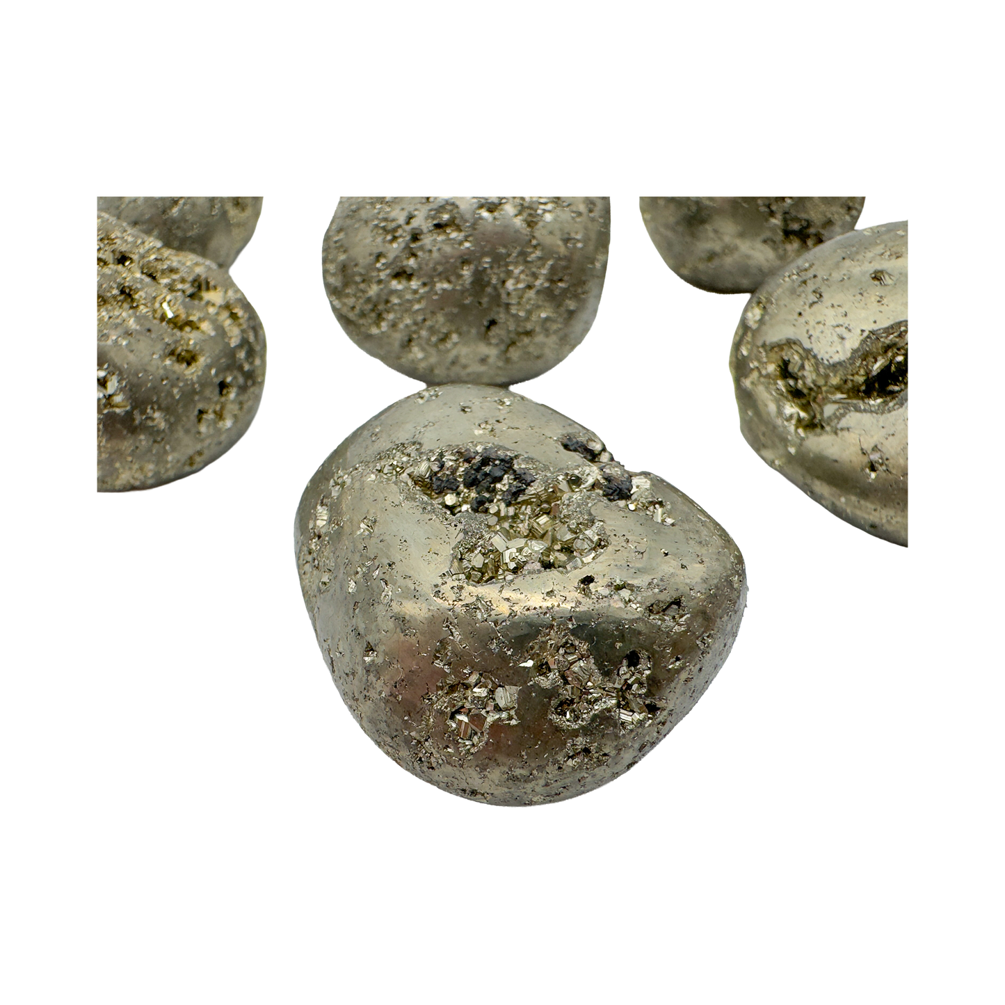 Detail of Grade AA Pyrite tumbled stone showing cubic crystal faces