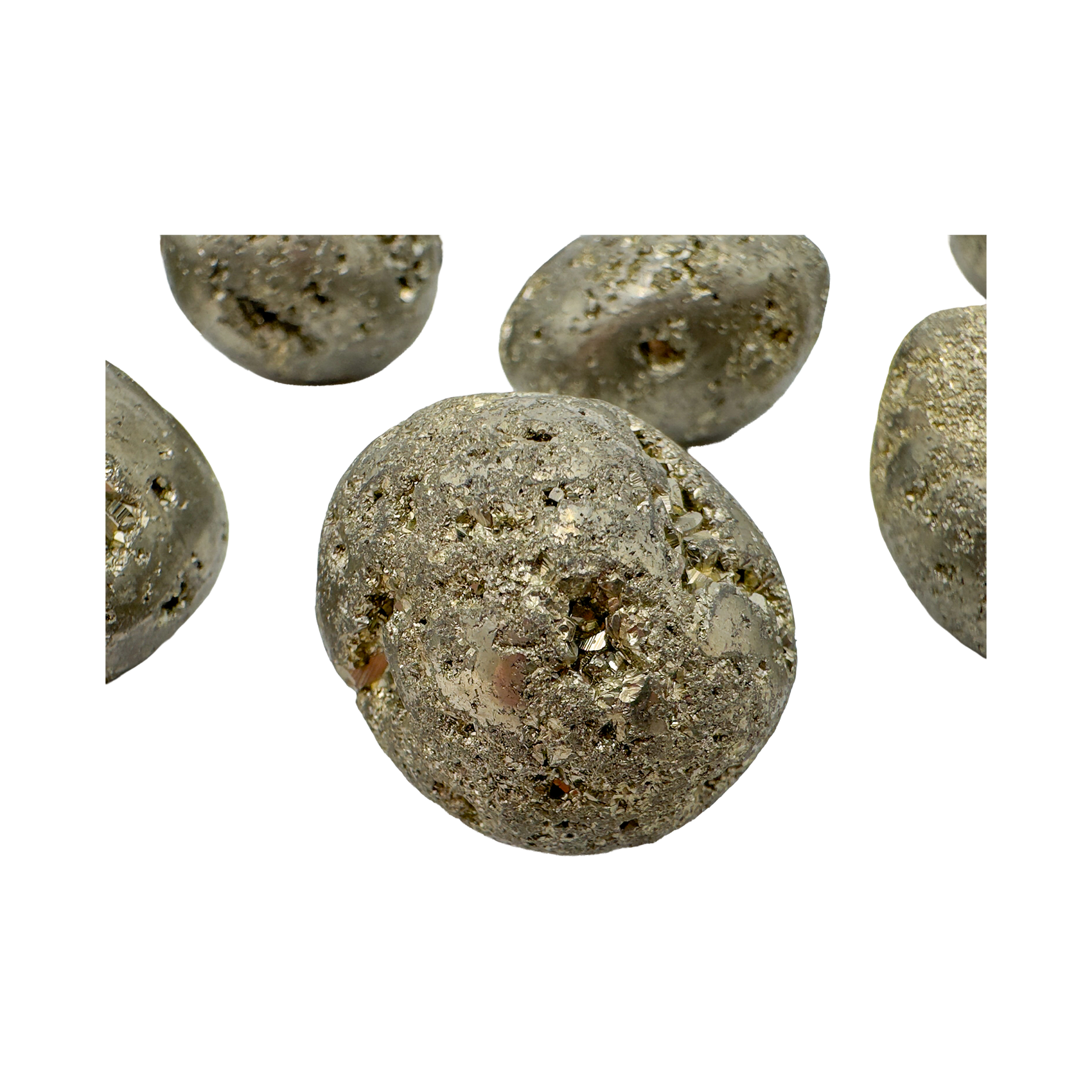 Side angle of Pyrite tumbled stone from Ancash, Peru