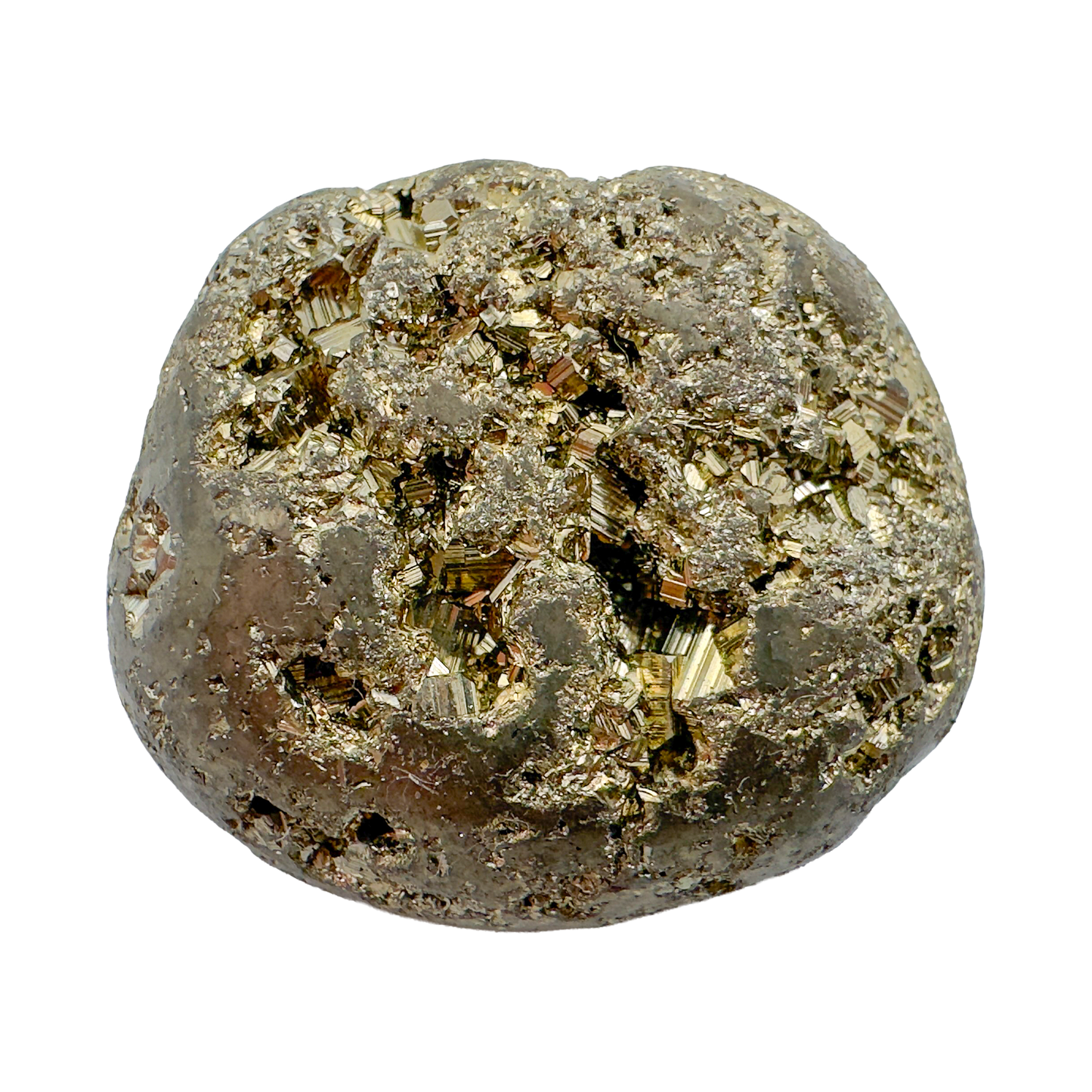 Top view of Pyrite tumbled stone showing metallic luster