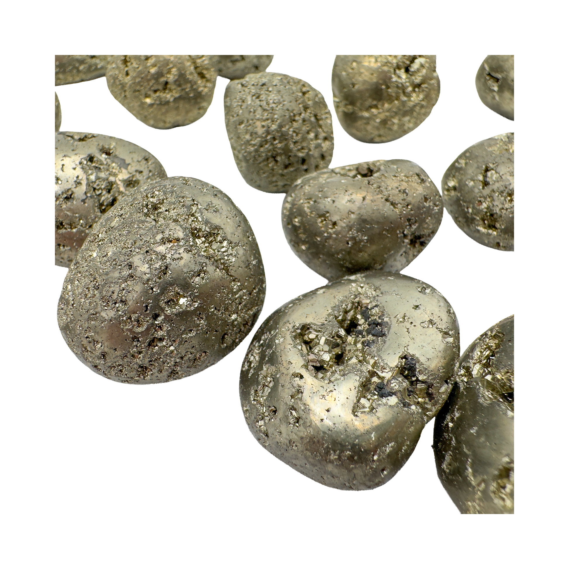 Bird's-eye view of Pyrite tumbled stone, AA grade Peru