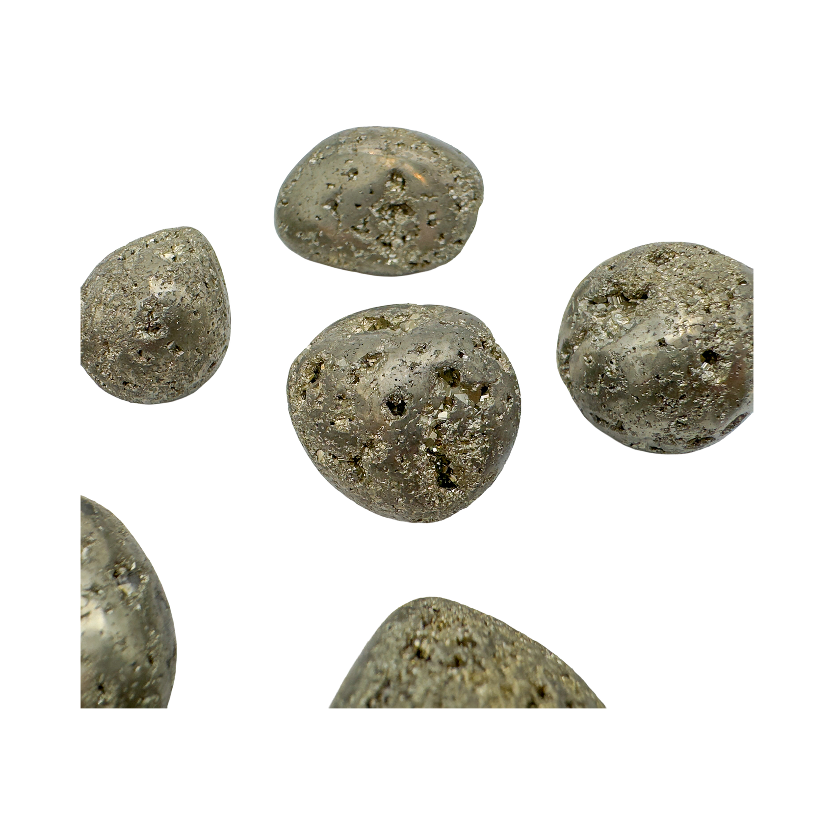 Pyrite tumbled stone closeup showing natural color variation