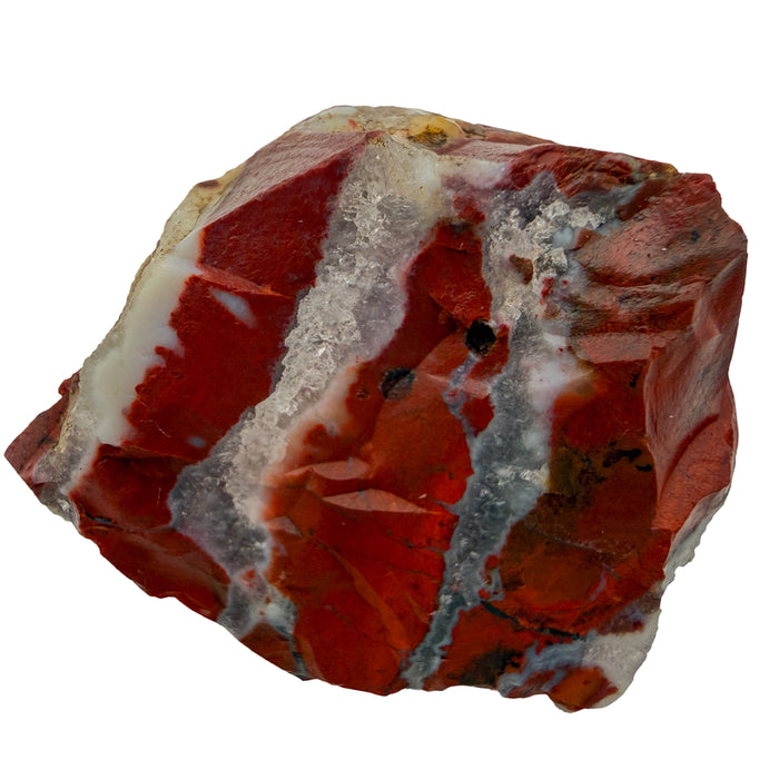 Red Jasper Raw Stones, AA Grade, Madagascar: one raw piece on a white background, brick red with white and gray quartz bands