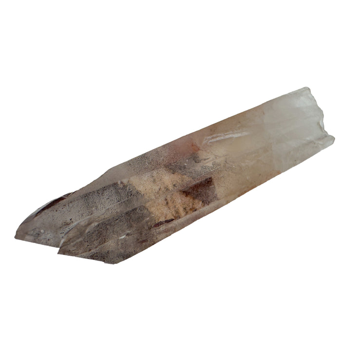 Smoky Quartz Raw Crystal Points, A Grade, Brazil: one long raw point on a white background, pale smoky quartz with rust colored zones