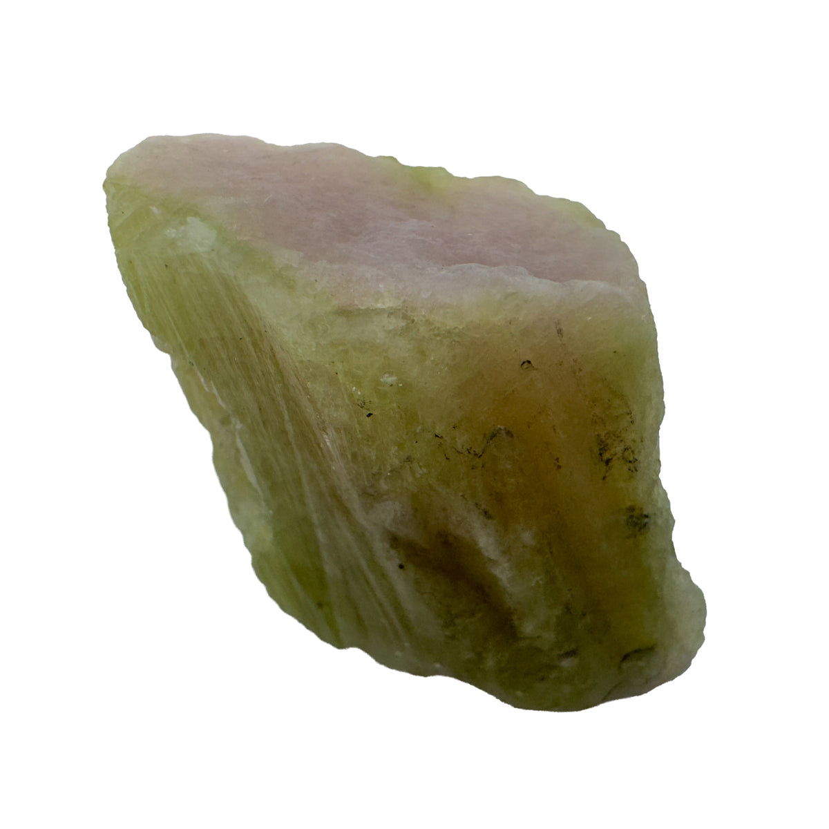 Watermelon Tourmaline Raw Crystals, A Grade, Brazil: one raw piece on a white background, pink along the top over olive green