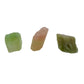 Watermelon Tourmaline Raw Crystals, A Grade, Brazil: three small raw pieces side by side on a white background, green, pink to peach, and olive green