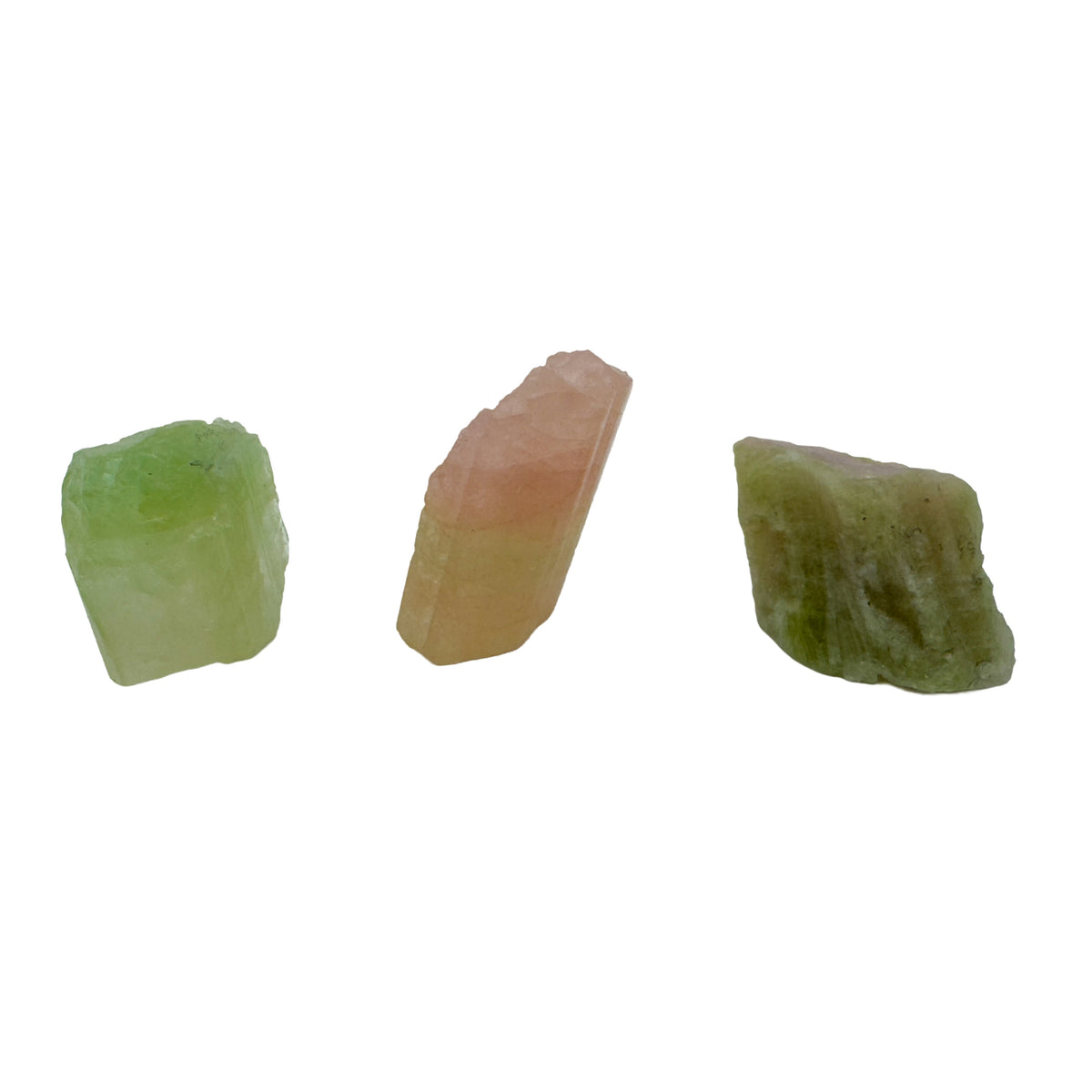 Watermelon Tourmaline Raw Crystals, A Grade, Brazil: three small raw pieces side by side on a white background, green, pink to peach, and olive green