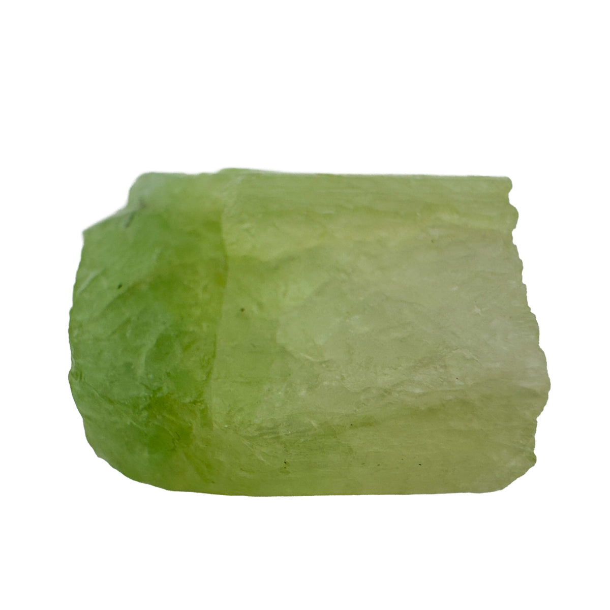 Watermelon Tourmaline Raw Crystals, A Grade, Brazil: one raw crystal on a white background, light green with a deeper green band at one end