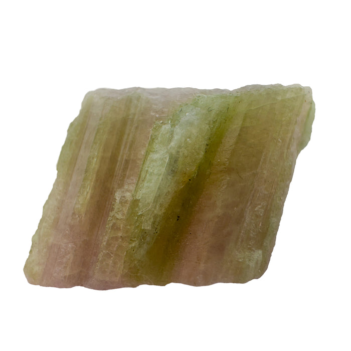 Watermelon Tourmaline Raw Crystals, A Grade, Brazil: one striated crystal on a white background, with pink and green bands along its length
