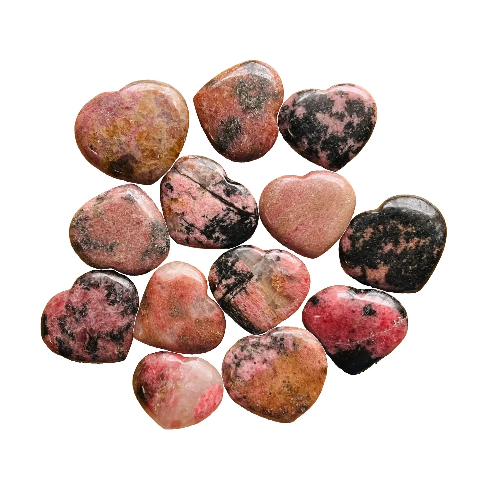Polished Rhodonite Hearts to support Emotional Healing, Grounding & Love — black polished, AA grade from Madagascar