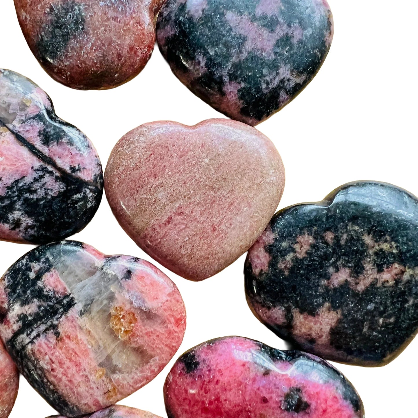 Full profile of Grade AA Rhodonite heart ready to ship from Beyond Bohemian