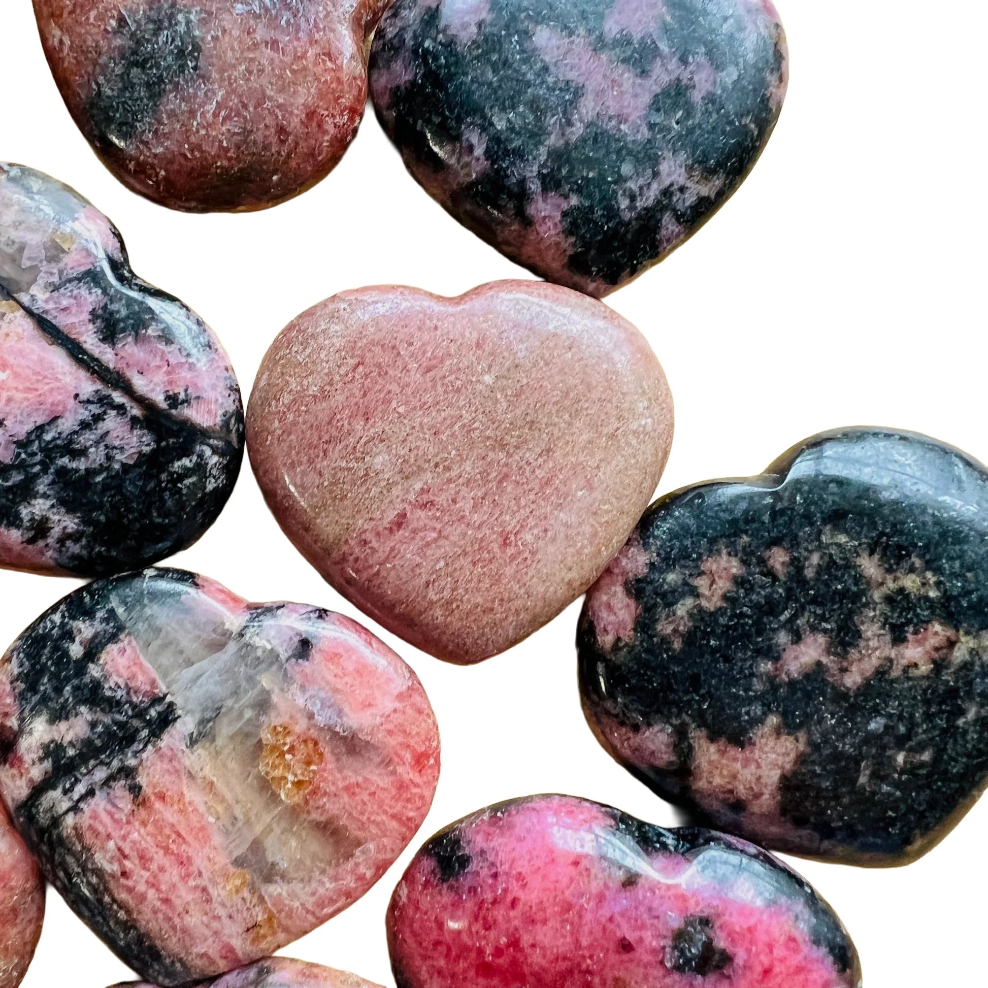 Full profile of Grade AA Rhodonite heart ready to ship from Beyond Bohemian