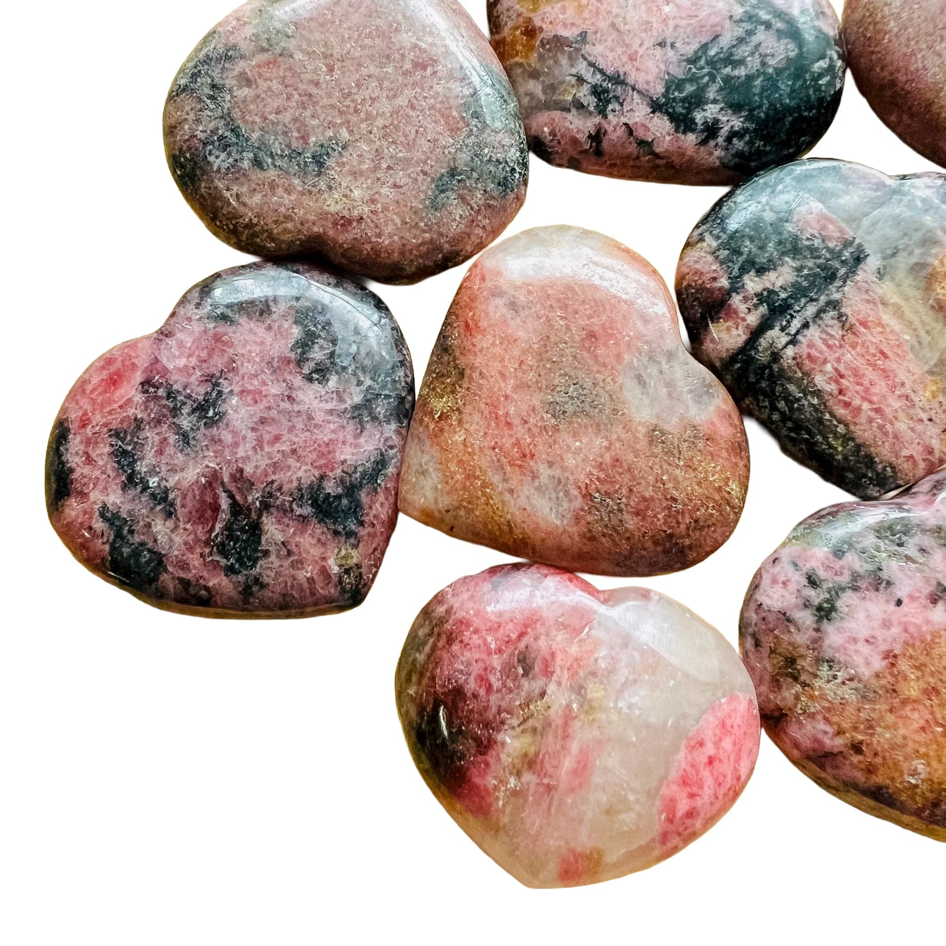 Full profile of Grade AA Rhodonite heart ready to ship from Beyond Bohemian