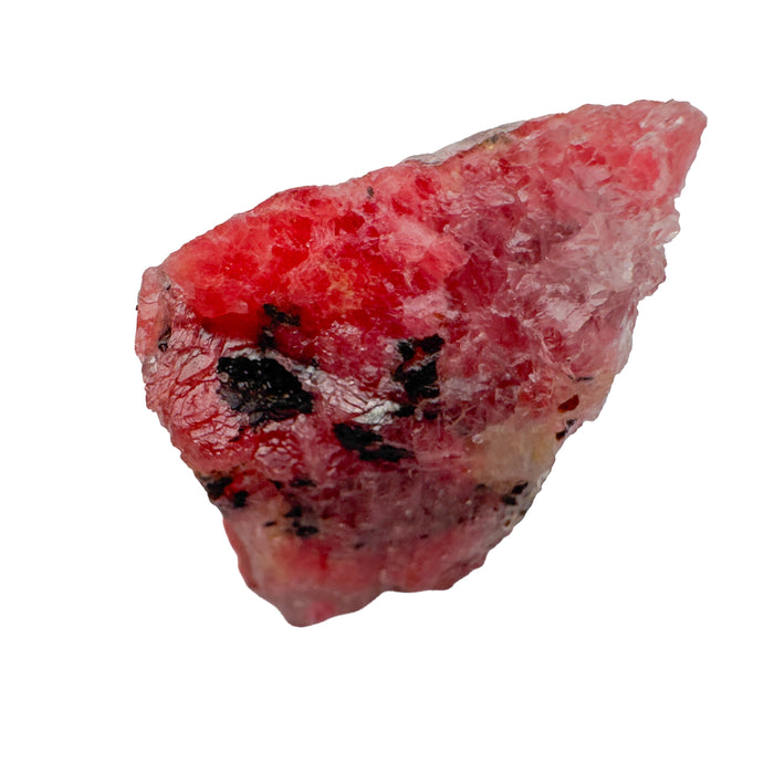 Rhodonite Raw Stones, AA Grade, Zimbabwe: one raw piece on a white background, pink red with black spots