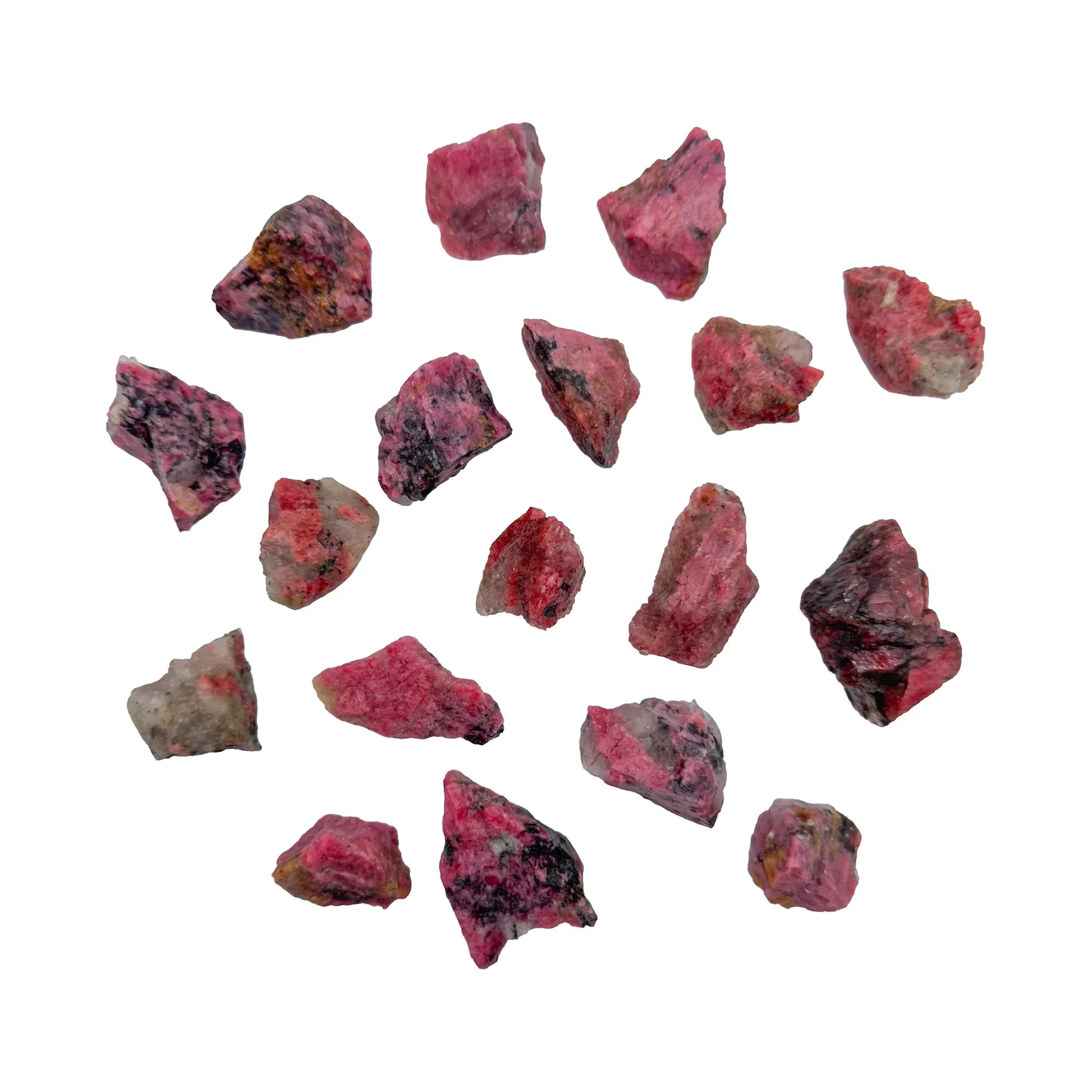 Rhodonite raw stones, AA grade, Zimbabwe origin, hero view.