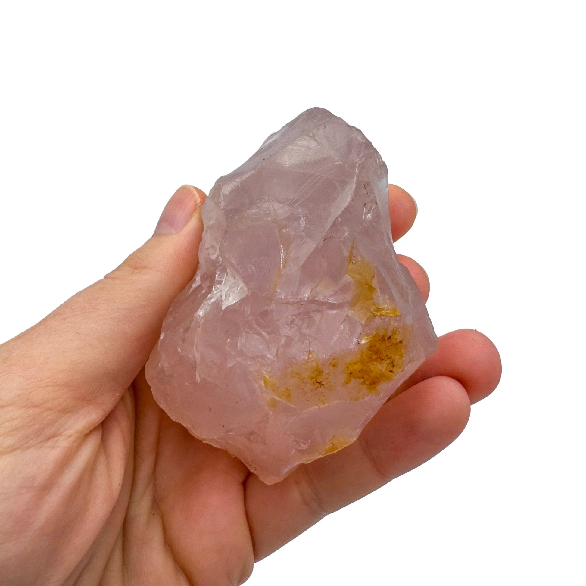 Full profile of Grade AAA Rose Quartz specimen ready to ship from Beyond Bohemian