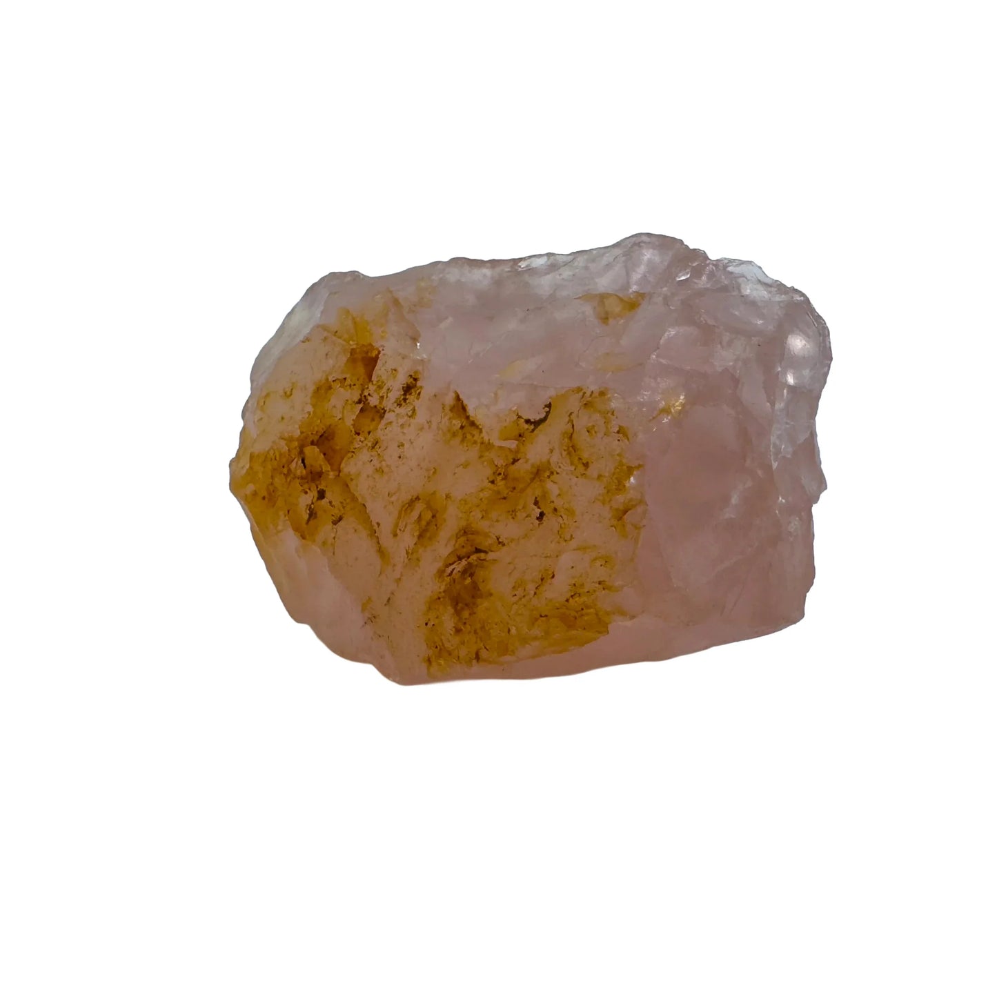 Edge view of Grade AAA Rose Quartz specimen, often worked with for Love and Self Love, showing raw matrix.