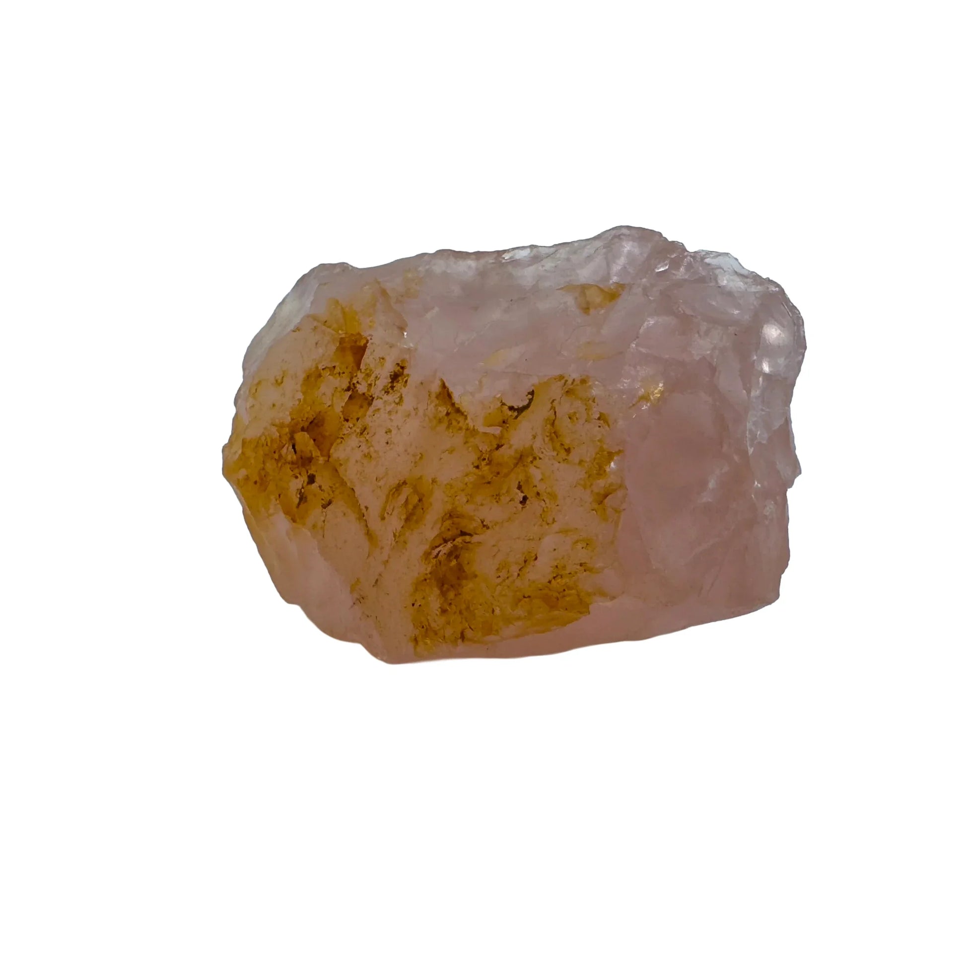 Edge view of Grade AAA Rose Quartz specimen, often worked with for Love and Self Love, showing raw matrix.