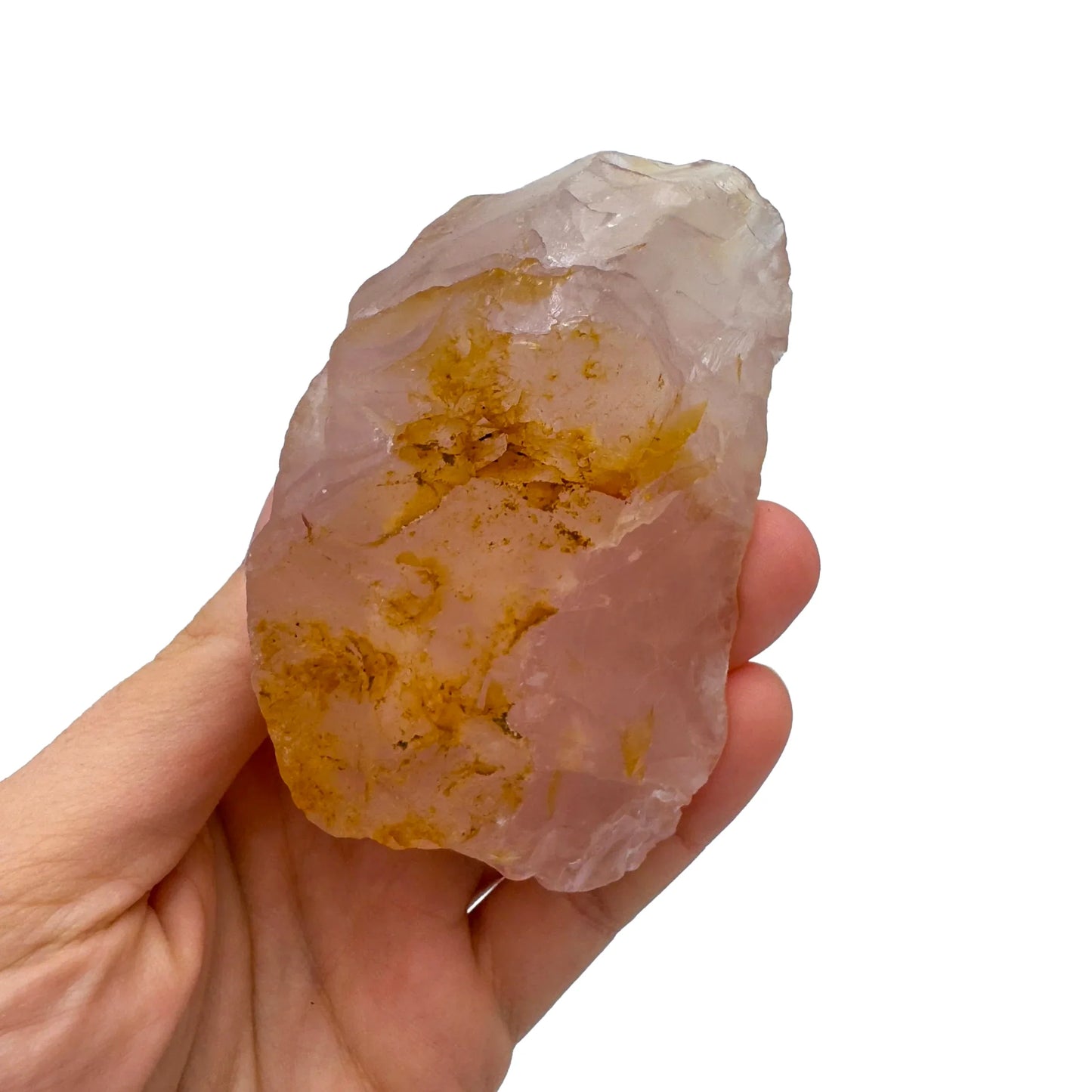 Full profile of Grade AAA Rose Quartz specimen ready to ship from Beyond Bohemian