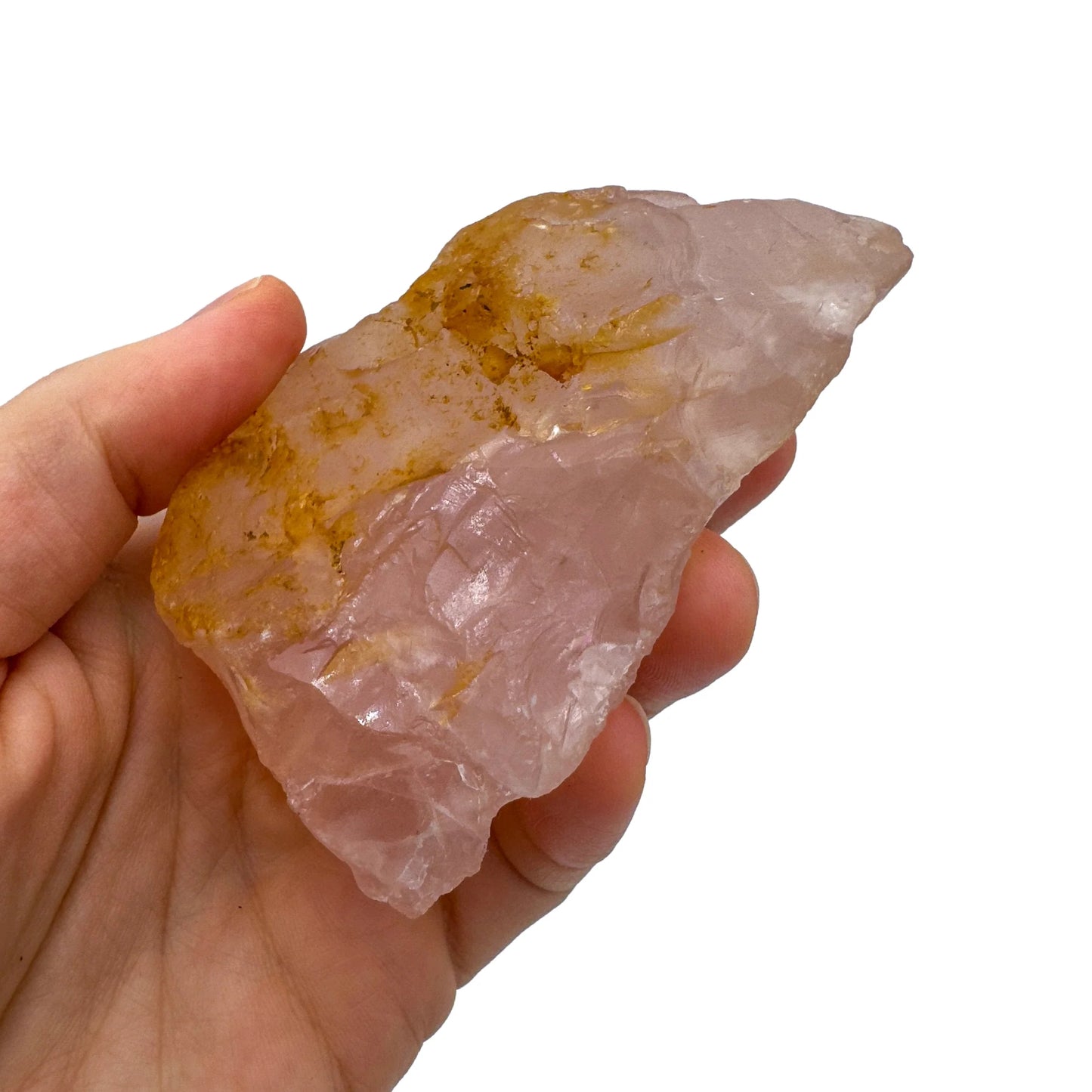 Full profile of Grade AAA Rose Quartz specimen ready to ship from Beyond Bohemian