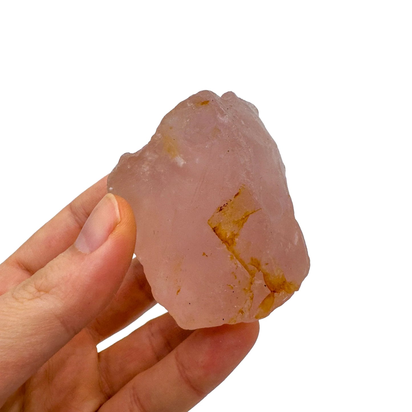 In context of a Rose Quartz specimen, associated with Emotional Healing, with character of the piece on display.